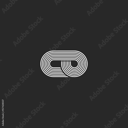 Letters co logo hipster monogram parallel lines style, combination c and o symbols together overlapping, black and white business card initials emblem mockup