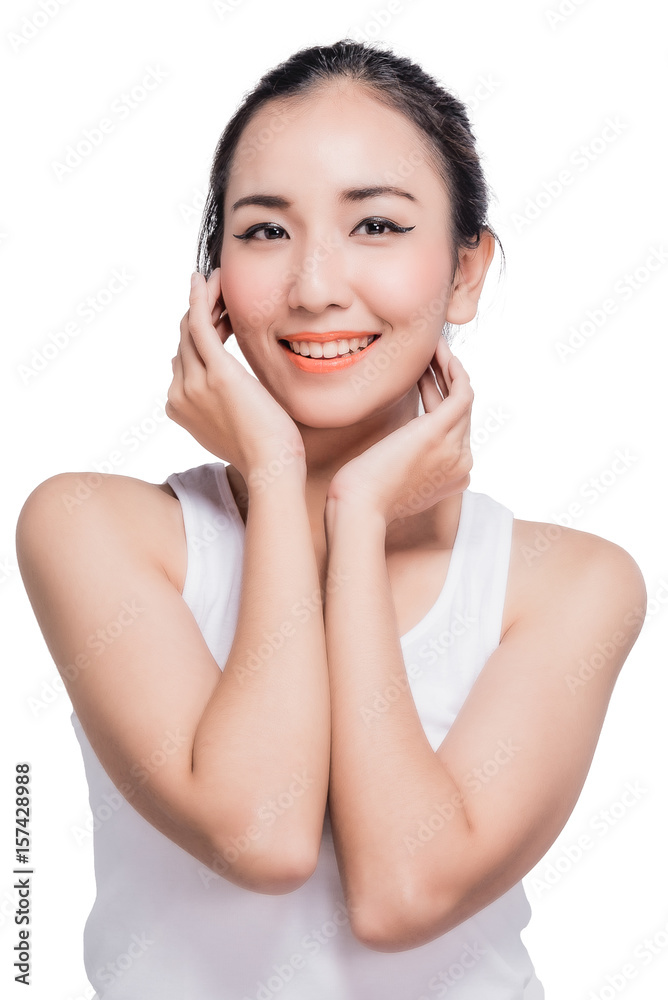 Happy asian young woman beautiful smile with think gesture posture isolated on white background Happy asian young woman beautiful smile with think gesture posture isolated on white background