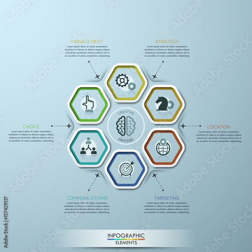 Modern infographics options template with 7 paper polygons