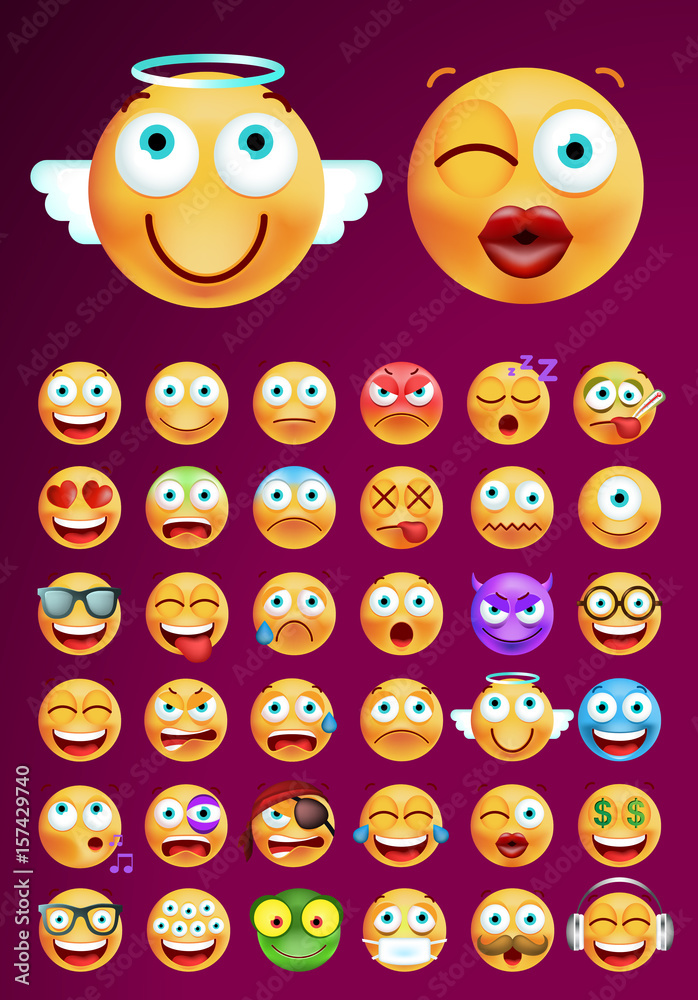 Set of Cute Emoticons on Dark Background. Isolated Vector Illustration 