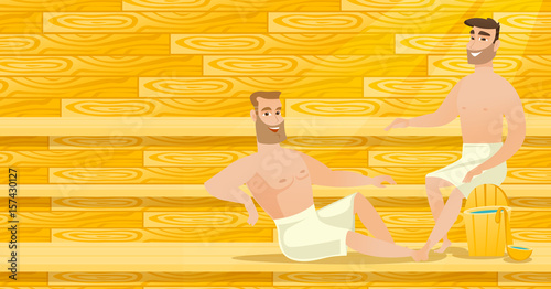 Caucasian men relaxing in sauna.