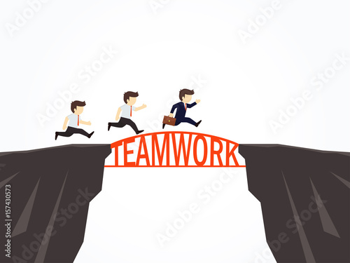 Businessmen crossing over a teamwork bridge. Vector illustration.