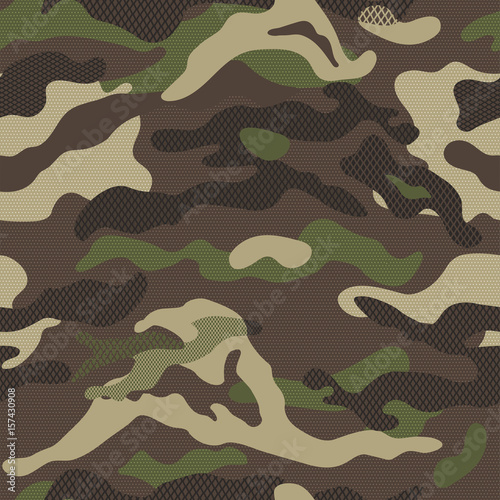 Camouflage pattern background seamless vector illustration. Classic clothing style masking repeat print. Green brown black olive colors forest texture