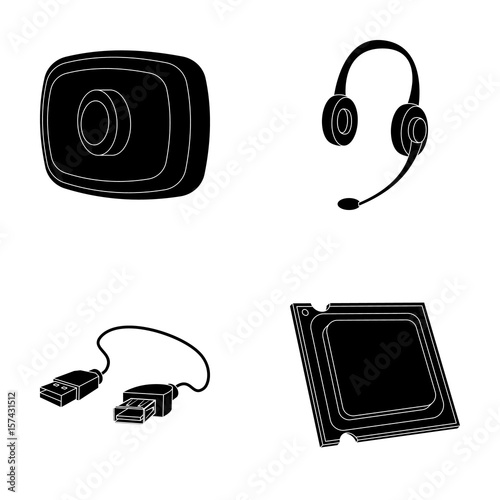 Webcam, headphones, USB cable, processor. Personal computer set collection icons in black style vector symbol stock illustration web.