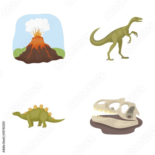 Volcanic eruption, gallimimus, stegosaurus,dinosaur skull. Dinosaur and prehistoric period set collection icons in cartoon style vector symbol stock illustration web.