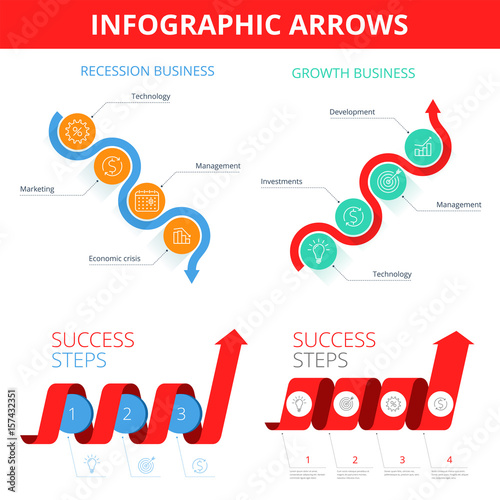 Increase, recession, growth, decline, success business flat concept illustration. Graph arrows depict steps of increase and decrease business. Vector elements for infographic, presentation, networks.