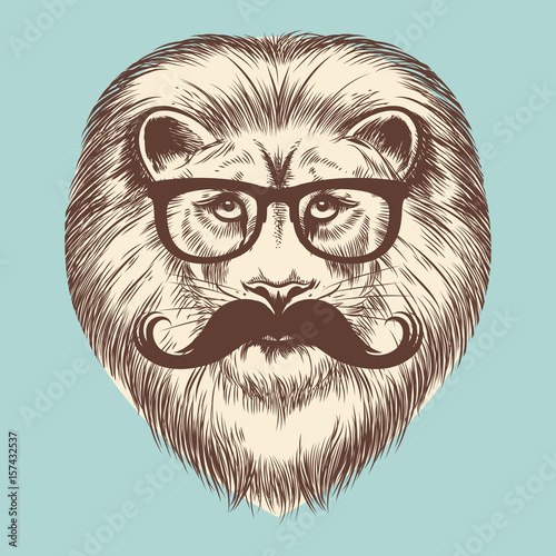 Hipster lion with eyeglasses and mustache. Vector animal vintage print design