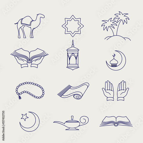 Ballpoint pen arabic muslim line signs on grey background. Vector illustration