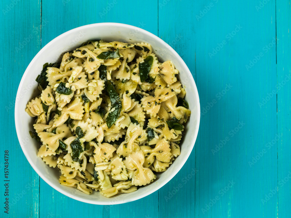 Bowl of Pasta Spinach and Pine Kernels Salad Bowl of Pasta Spinach and Pine Kernels Salad