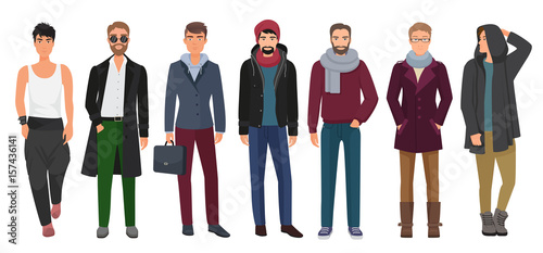 Handsome and stylish men set. Cartoon guys male characters in trendy fashion clothes. Vector illustration.