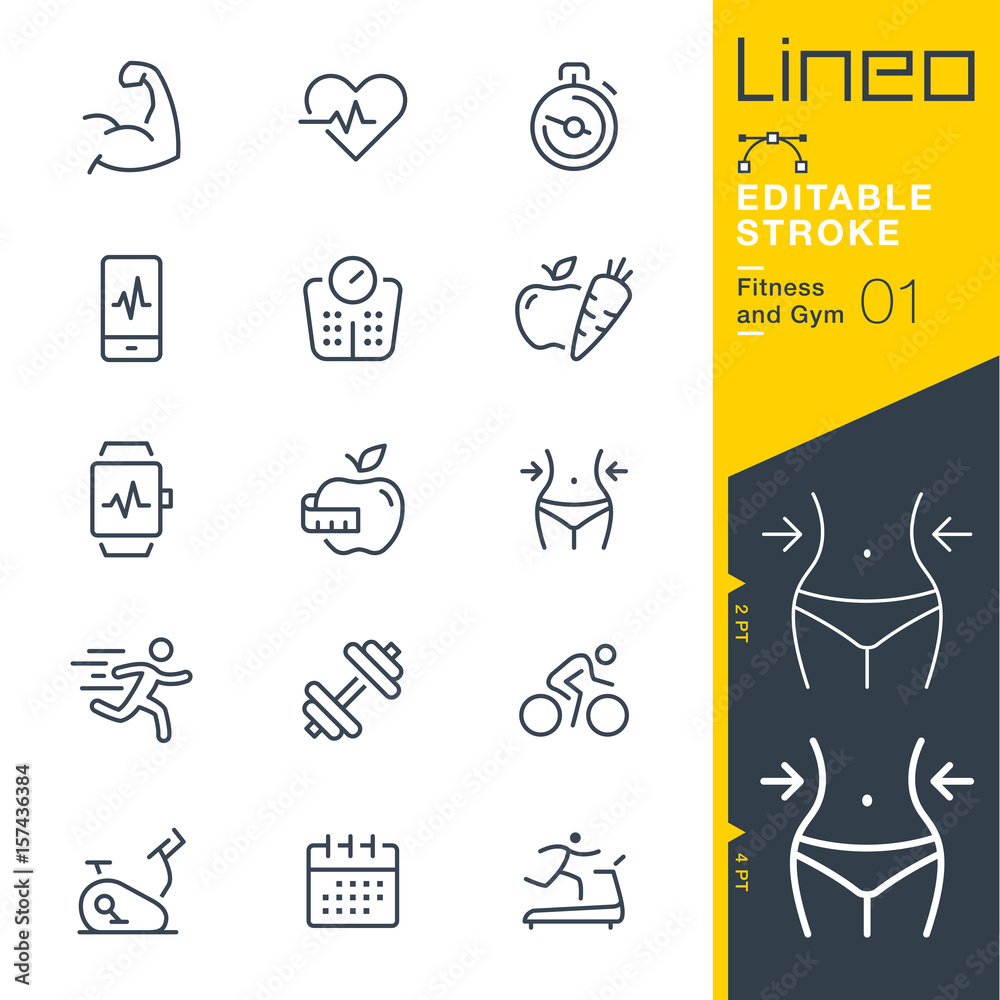 Lineo Editable Stroke - Fitness and Gym line icons
Vector Icons - Adjust stroke weight - Expand to any size - Change to any colour