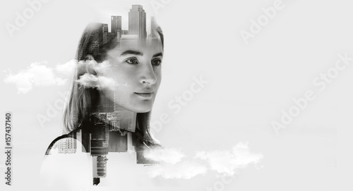 Double exposure concept with business woman, Portrait of attractive woman looking on future, Space for your business message