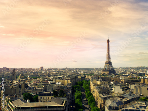 Paris cityscape with Eiffel tower in twilight. view of Eiffel tower from Are de Triomphe © Surajet.L