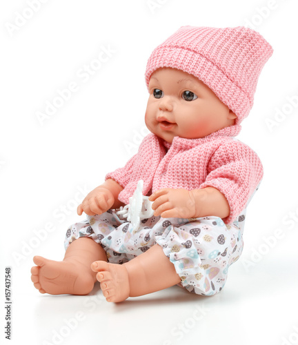 Canvastavla Toy doll child, in pink blouse with pacifier on isolated background
