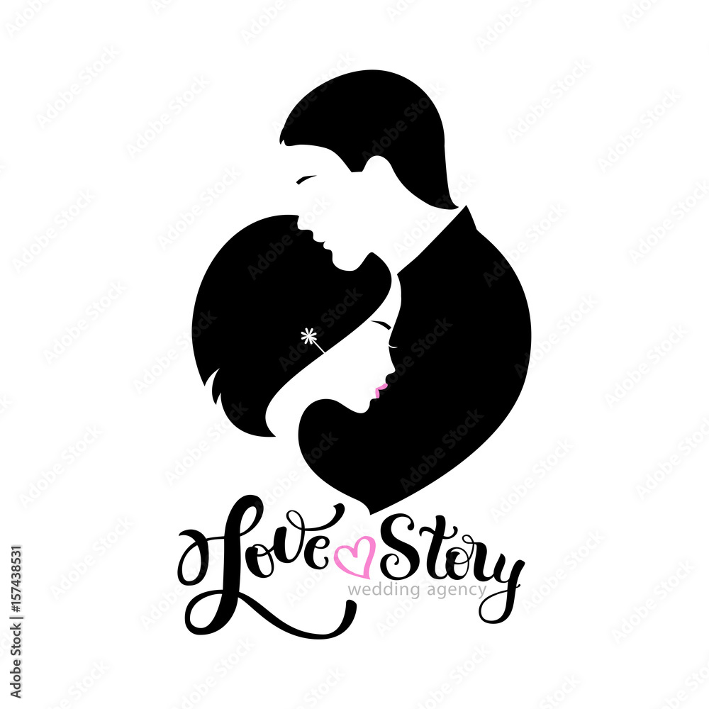 Wedding logo with silhouettes bride and groom