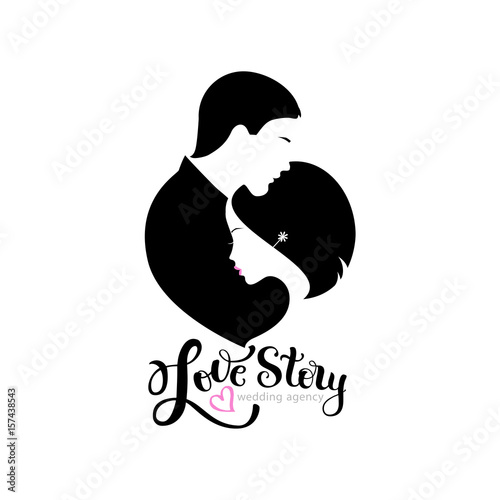 Wedding logo with silhouettes bride and groom