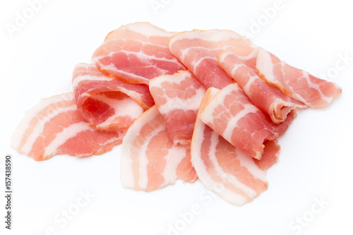 Bacon isolated on white background. Delikatese food.
