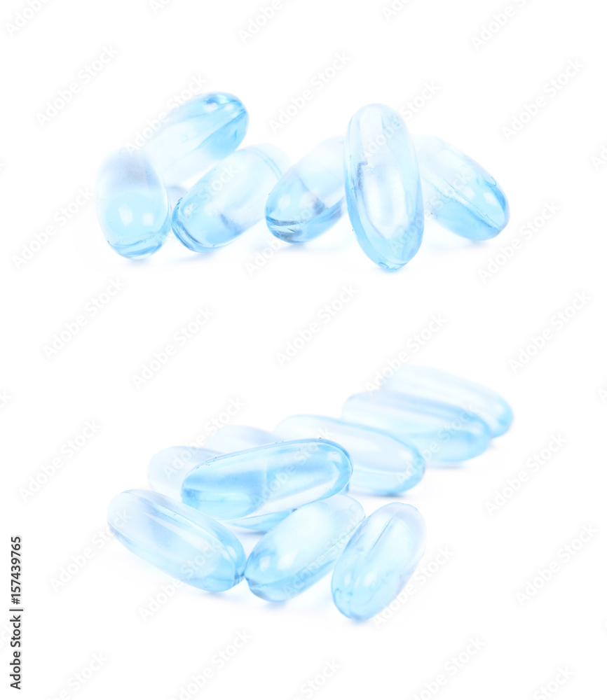 Pile of blue softgel pills isolated Pile of blue softgel pills isolated