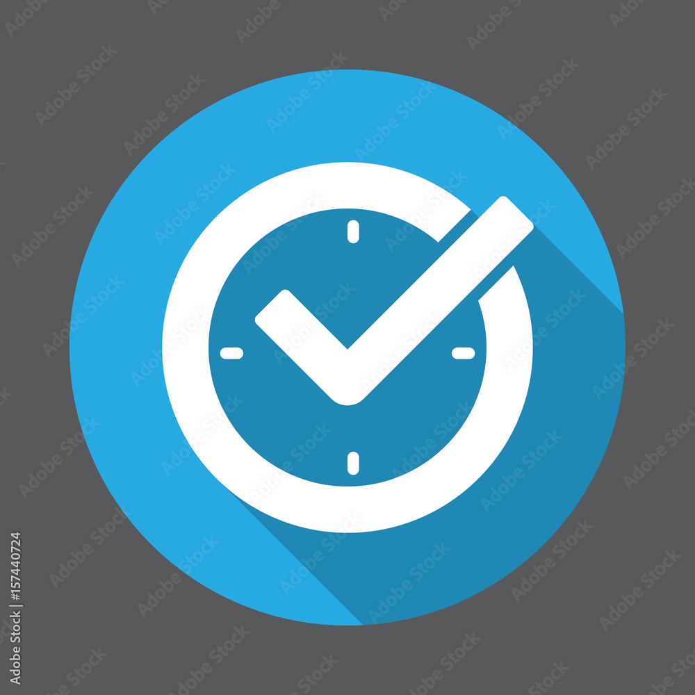 Check mark on clock, real time protection flat icon. Round colorful button, circular vector sign with long shadow effect. Flat style design Check mark on clock, real time protection flat icon. Round colorful button, circular vector sign with long shadow effect. Flat style design