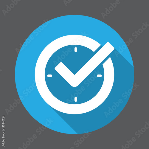 Check mark on clock, real time protection flat icon. Round colorful button, circular vector sign with long shadow effect. Flat style design