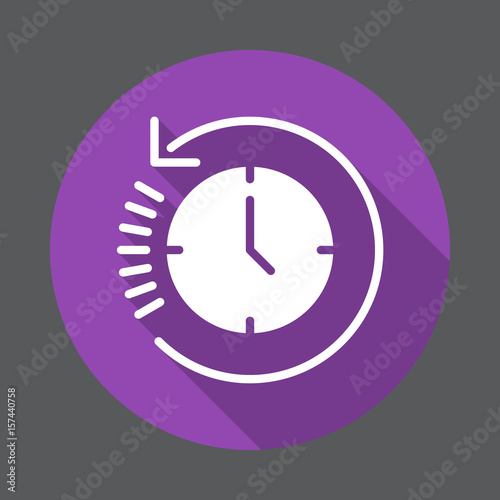 Clock with arrow around, History flat icon. Round colorful button, circular vector sign with long shadow effect. Flat style design
