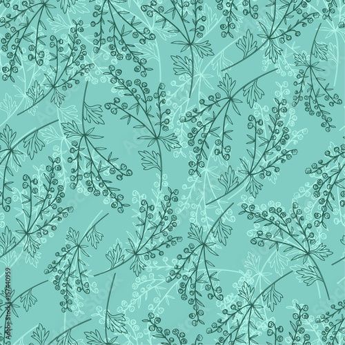 Artemisia absinthium, absinthe wormwood hand drawn vector ink color sketch, Absinthe plant, Doodle Healing, Vector seamless pattern, green background for cosmetics, design package, textile, wallpaper