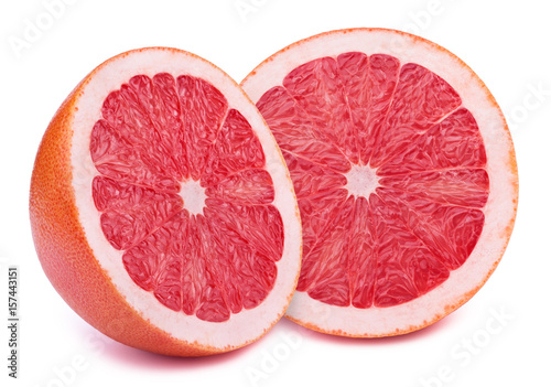 Perfectly retouched sliced halves of grapefruits isolated on the white background with clipping path