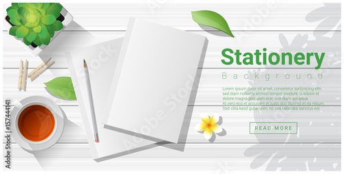 Summer scene with blank notebooks on wooden table background , vector , illustration