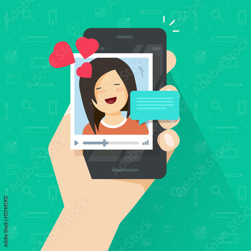 Video call with girlfriend on mobile phone vector illustration, flat cartoon smartphone video chat with lovely happy smiling girl and love talk, boyfriend calling his beloved, online distance dating