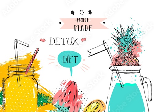 Hand drawn vector abstract fruit detox background with glass jar,watermelon,lemonade,mint leaves,pineapple,freehand textures and handwritten modern calligraphy phase Home made detox diet isolated