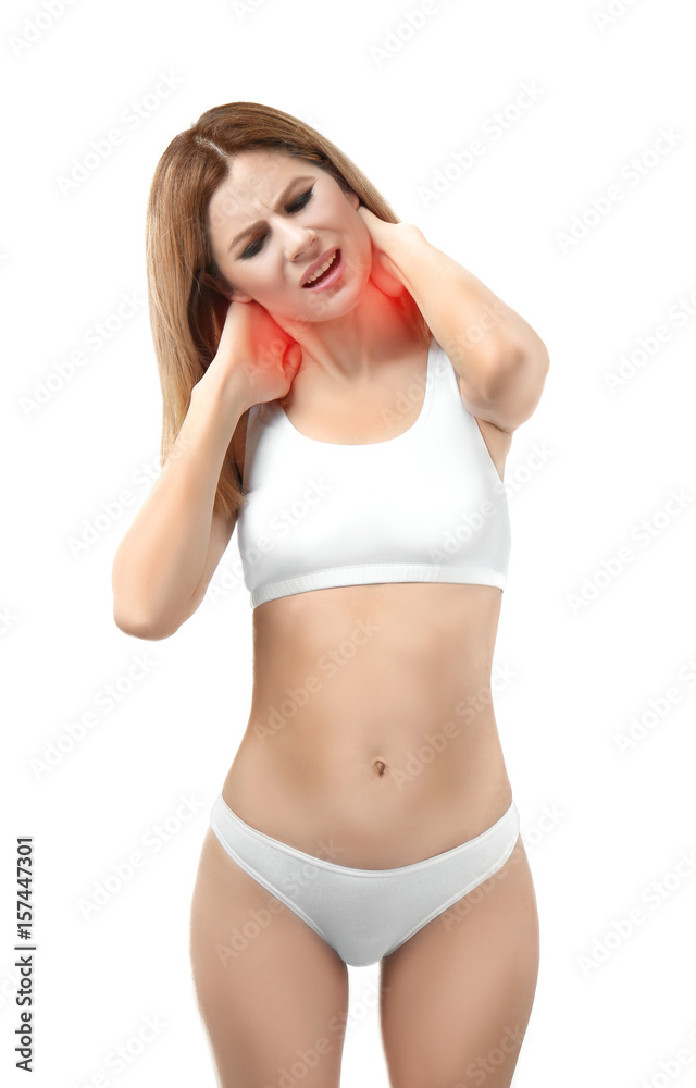 Young woman suffering from neck pain on white background Young woman suffering from neck pain on white background