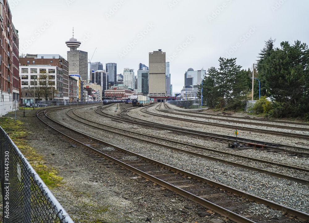 Train tracks at Gastown district in Vancouver - VANCOUVER - CANADA - APRIL 12, 2017