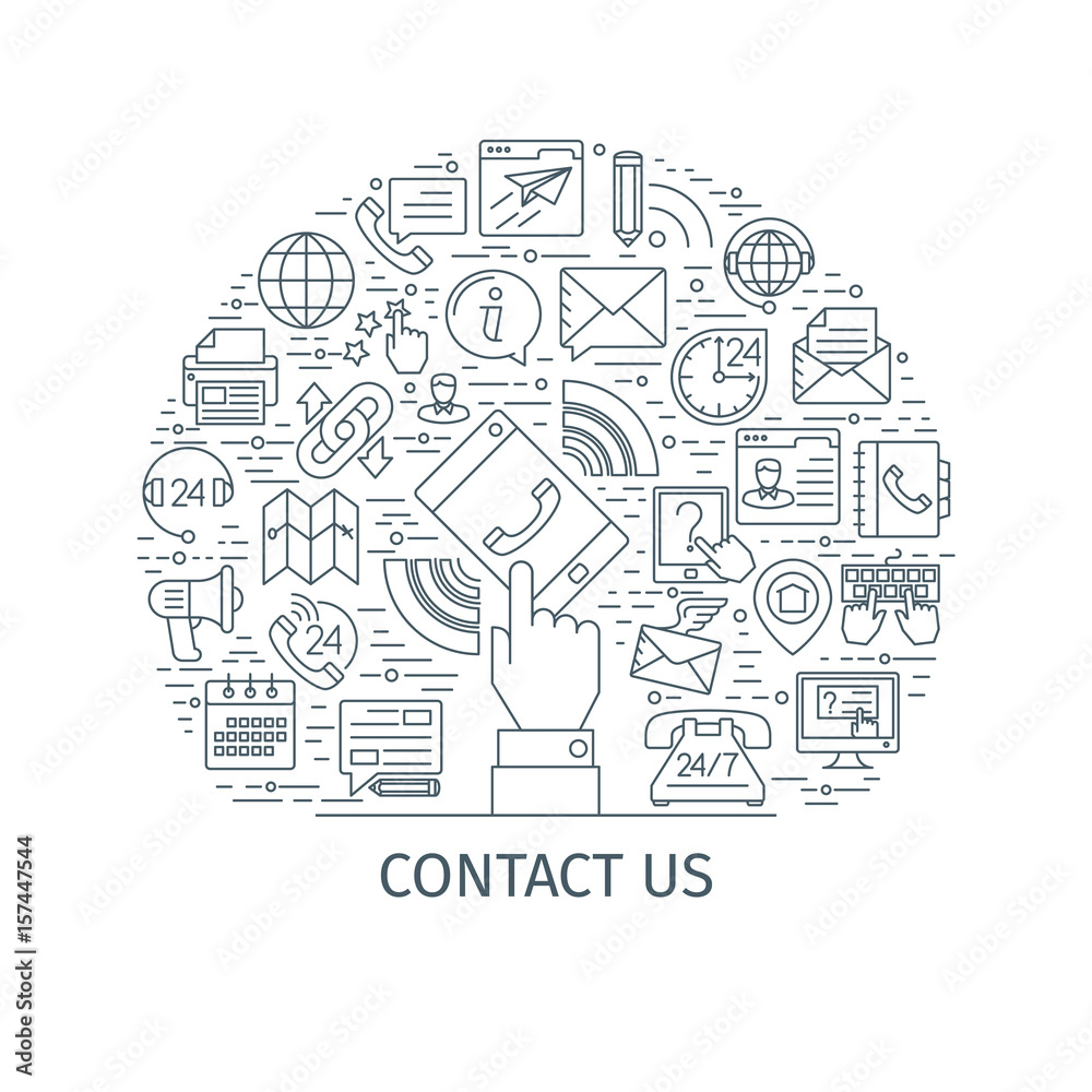 Contact us concept. Design template with thin line icons on theme customer service and support. Caller mobile phone