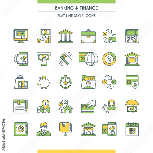 Banking and finance icons set. Modern icons on theme commerce, payments, business and deposits