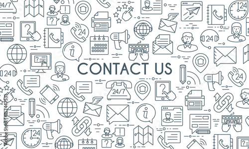 Contact us banner. Design template with thin line icons on theme customer service and support. Vector illustration © Genestro