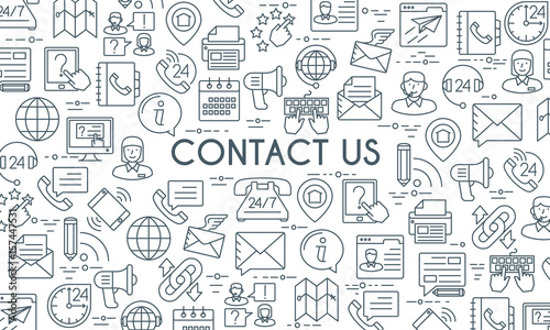 Contact us banner. Design template with thin line icons on theme customer service and support. Vector illustration