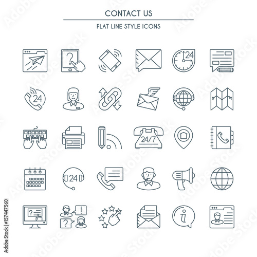 Contact us icons thin line set. Modern icons on theme customer service and support.
