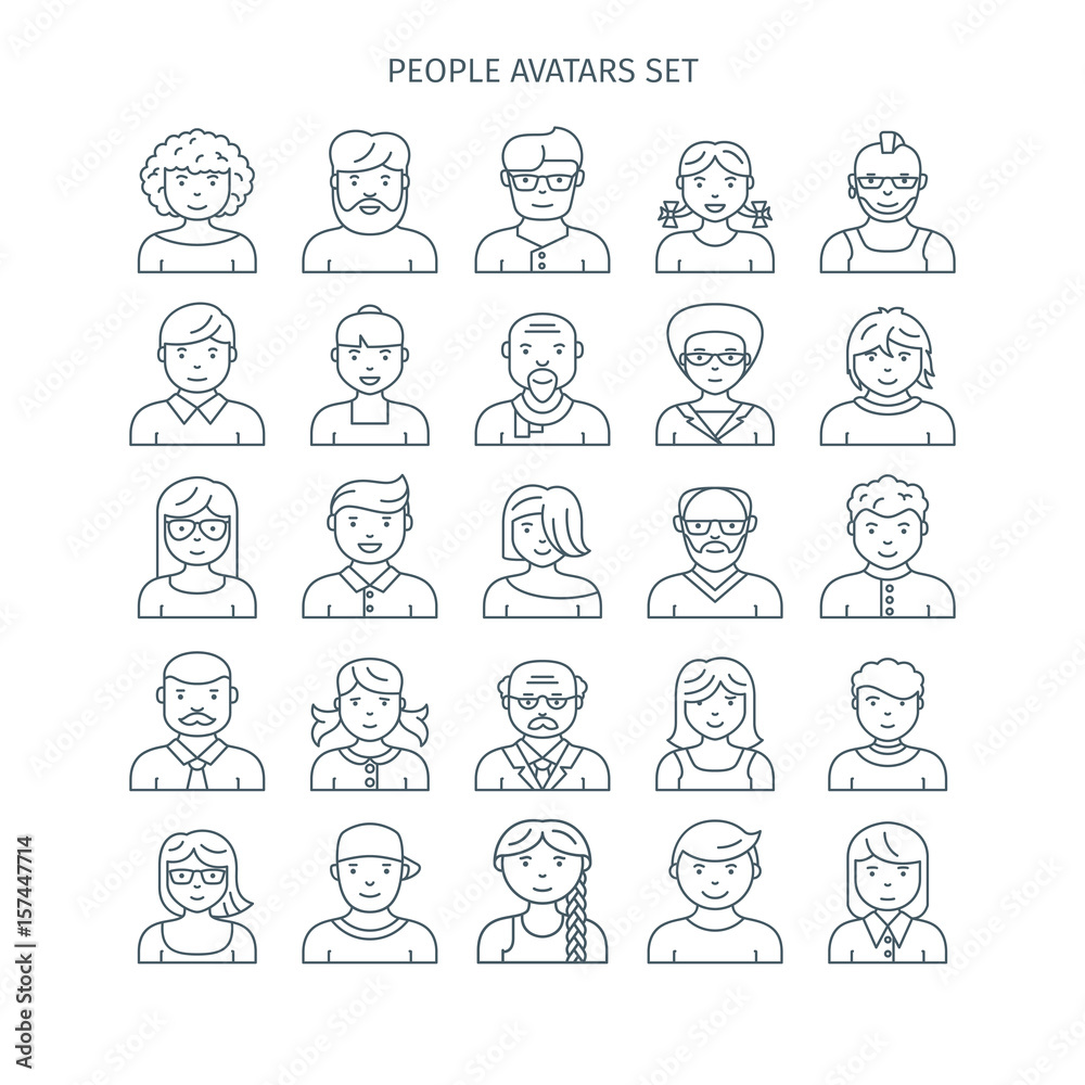 Thin line icons set of people avatars. Different age man and woman characters. Use for profile page, social network, social media.