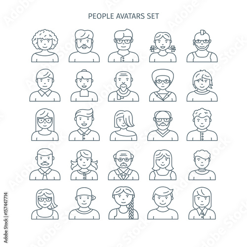 Thin line icons set of people avatars. Different age man and woman characters. Use for profile page, social network, social media. © Genestro