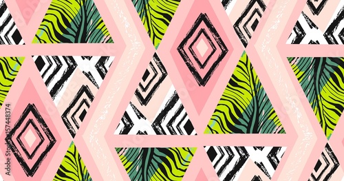 Print op canvas Hand drawn vector abstract freehand textured seamless tropical pattern collage with zebra motif,organic textures,triangles isolated on pastel background