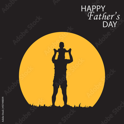 Happy Fathers Day concept with silhouette of father and his son and text Happy Fathers Day.