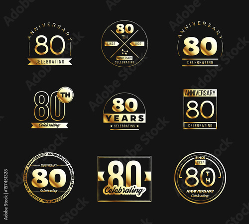 80th anniversary logo set with gold elements. Vector illustration.
