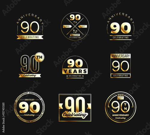 90th anniversary logo set with gold elements. Vector illustration.