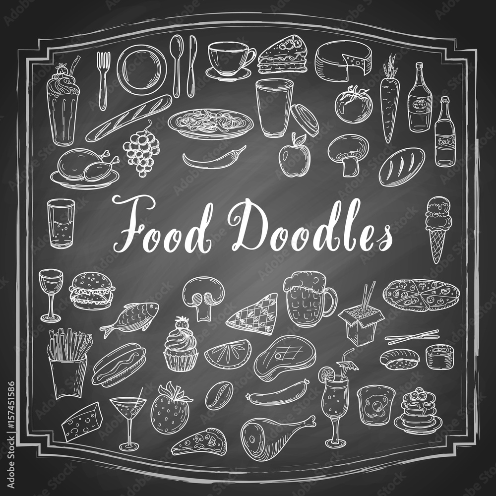 Vecteur Stock Hand drawn food doodles, line art simple sketches isolated on  vintage black chalkboard background. Food clip-art. Vector illustration.