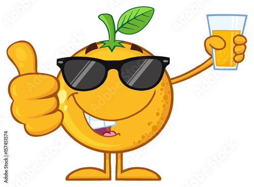 Orange Fruit Cartoon Mascot Character With Sunglasses Holding Up A Glass Of Juice And Giving A Thumb Up. Illustration Isolated On White Background