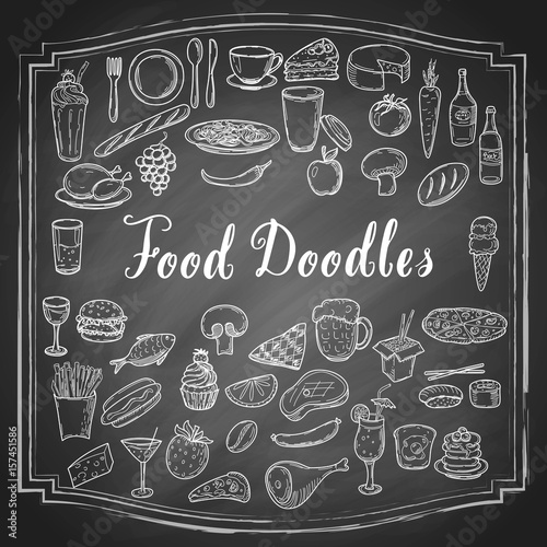 Hand drawn food doodles, line art simple sketches isolated on vintage black chalkboard background. Food clip-art. Vector illustration.