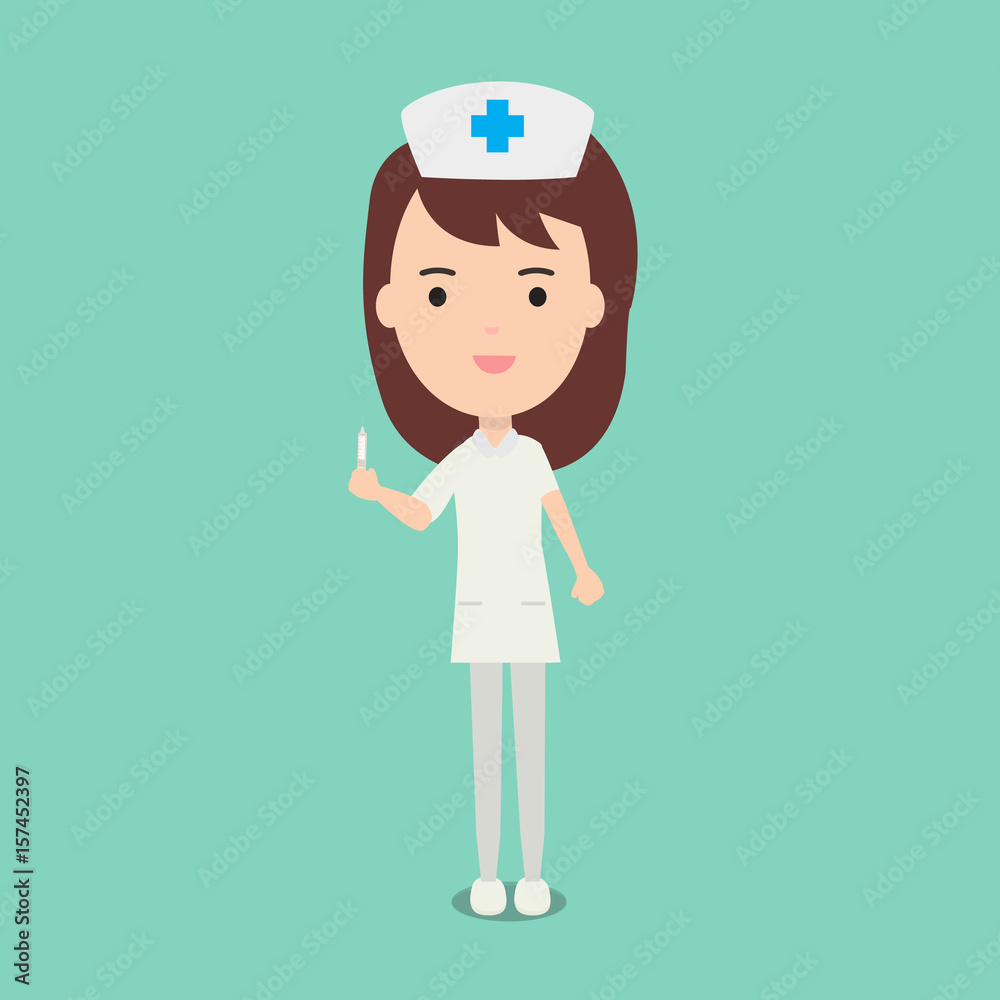 Cute nurses and medical staff hold syringe vector illustration concept in flat design character. Cute nurses and medical staff hold syringe vector illustration concept in flat design character.