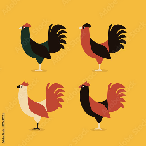Roosters or corks fighter four style color with yellow background