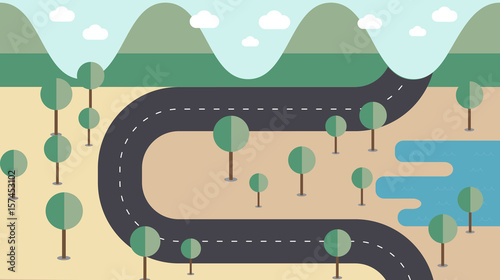 Map road cross the mountains,forest and lake in flat style 