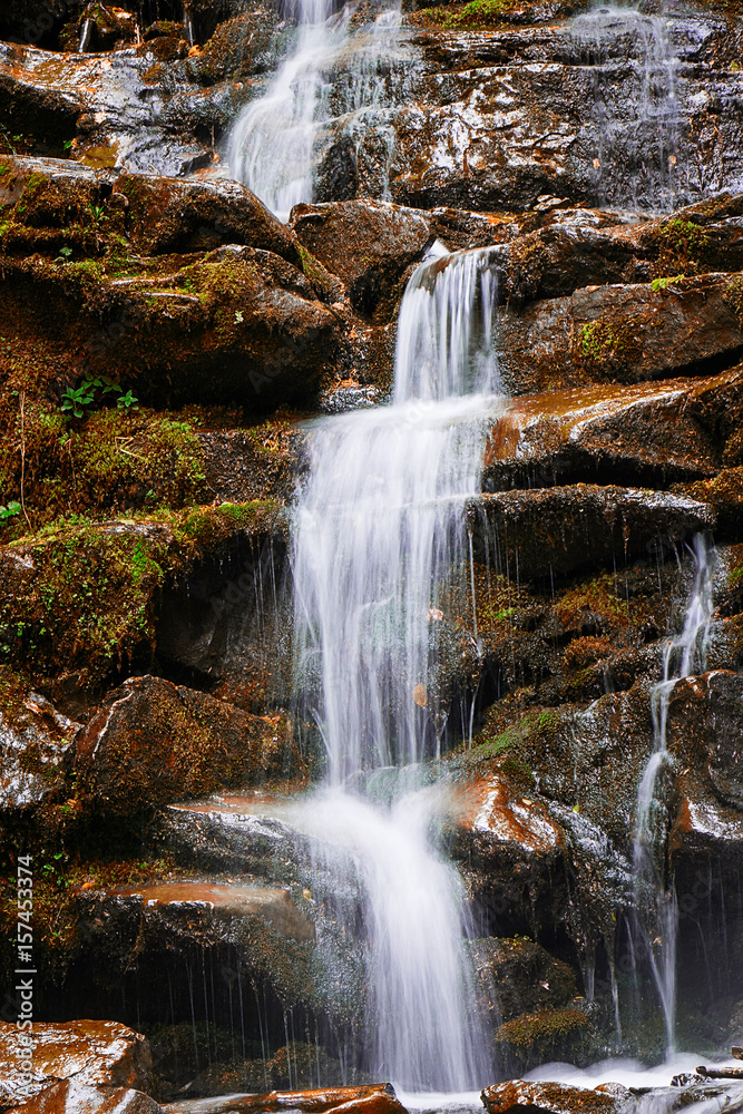Fototapeta premium Waterfall in the mountains. Golden autumn in the Carpathians Ukraine. Travel.